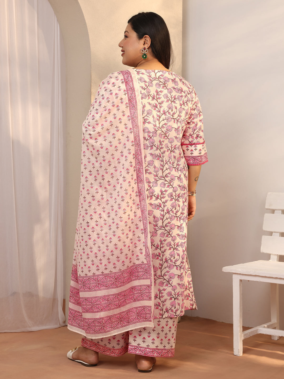 Plus Size Peach Printed Cotton A-line Suit Set With Dupatta