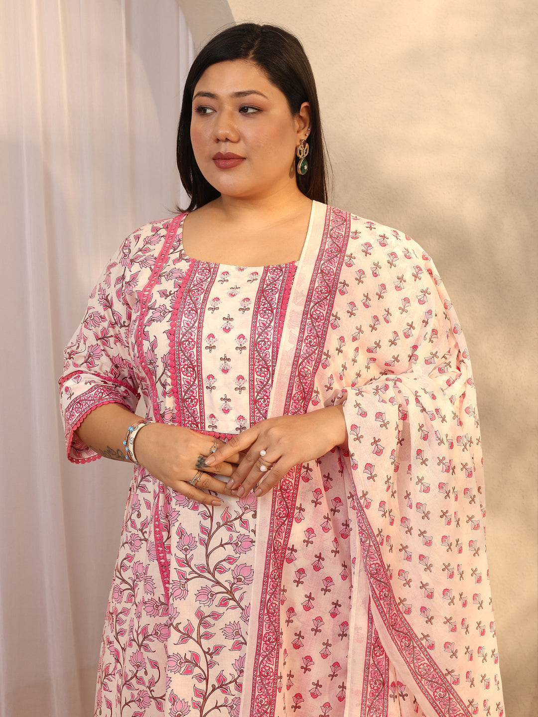 Plus Size Peach Printed Cotton A-line Suit Set With Dupatta