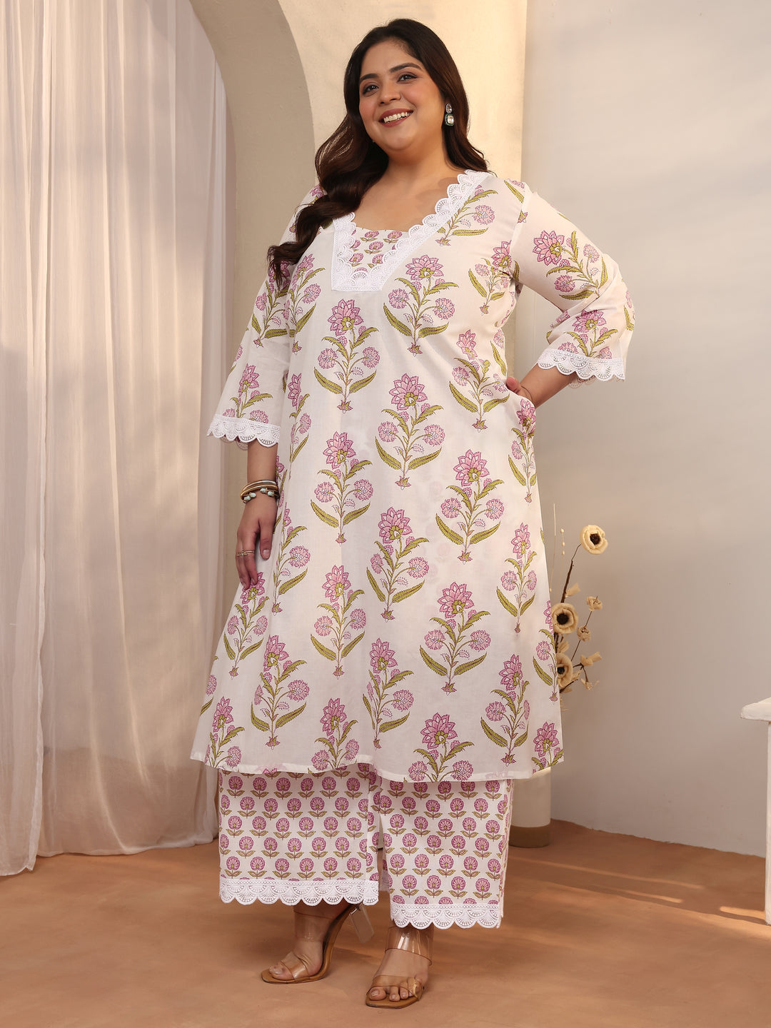 Plus Size Off white Printed Cotton Straight Suit Set With Dupatta