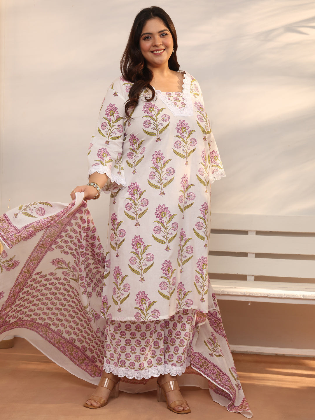 Plus Size Off white Printed Cotton Straight Suit Set With Dupatta