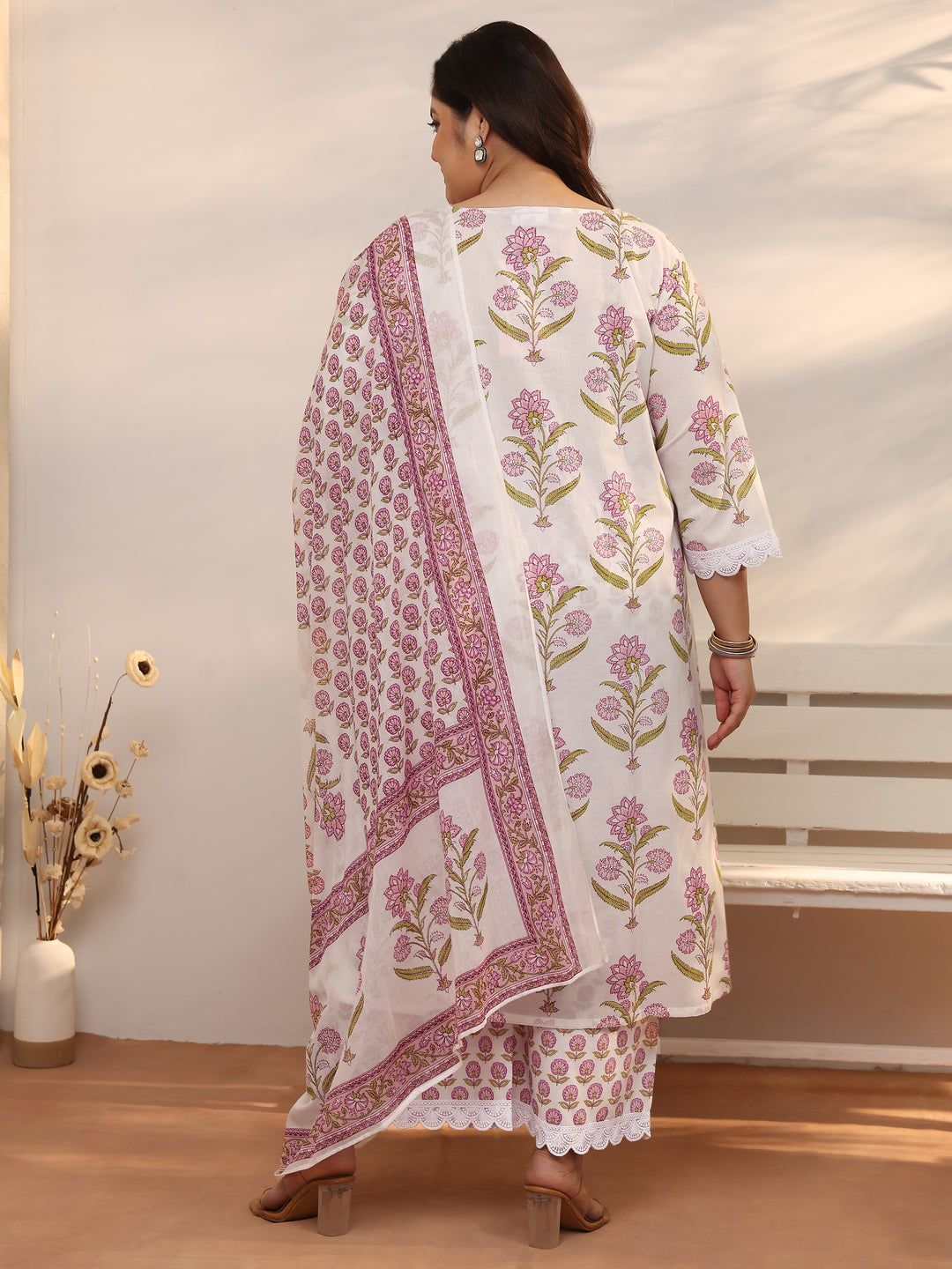 Plus Size Off white Printed Cotton Straight Suit Set With Dupatta