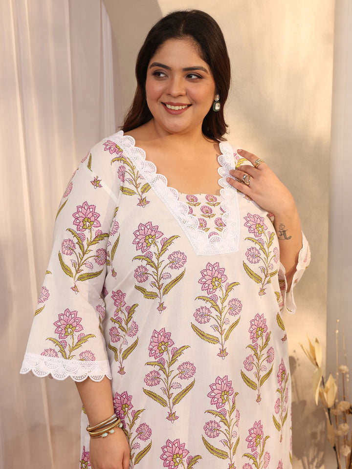 Plus Size Off white Printed Cotton Straight Suit Set With Dupatta