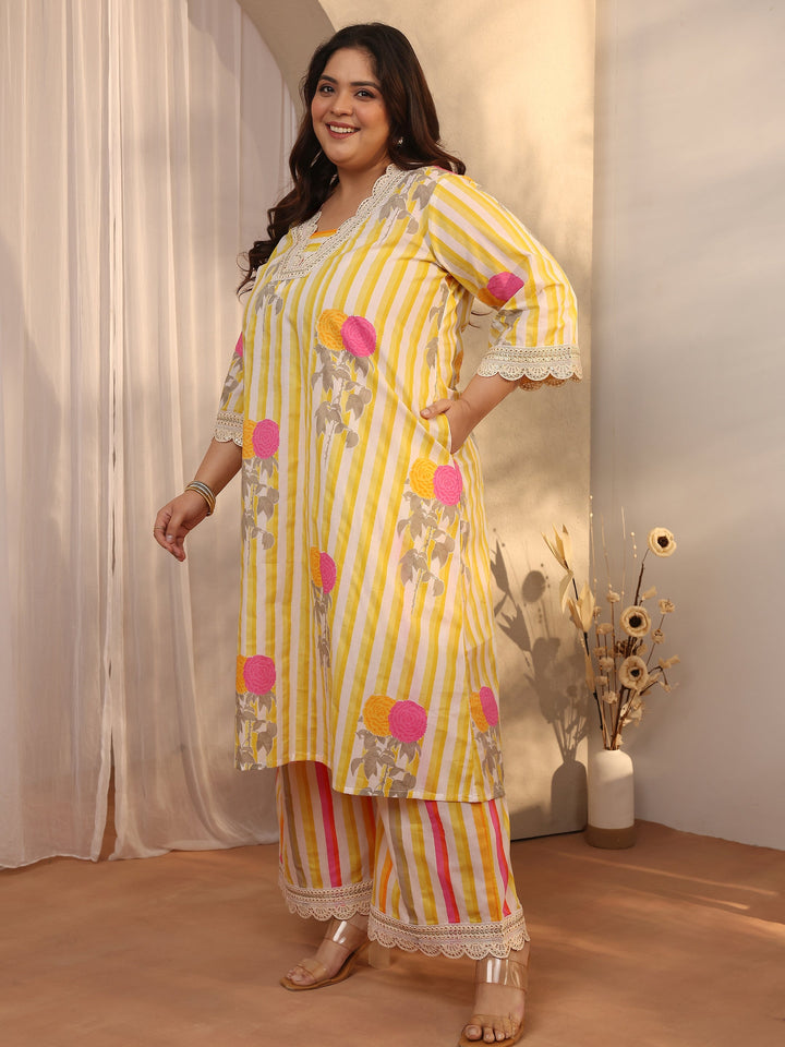Plus Size Yellow Printed Cotton Straight Suit Set With Dupatta