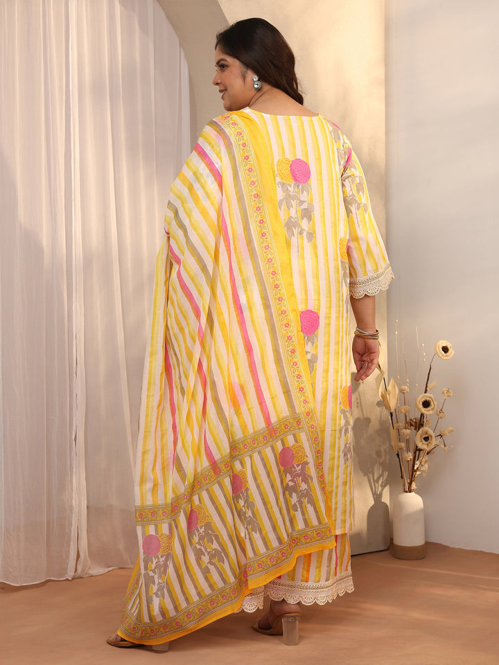 Plus Size Yellow Printed Cotton Straight Suit Set With Dupatta
