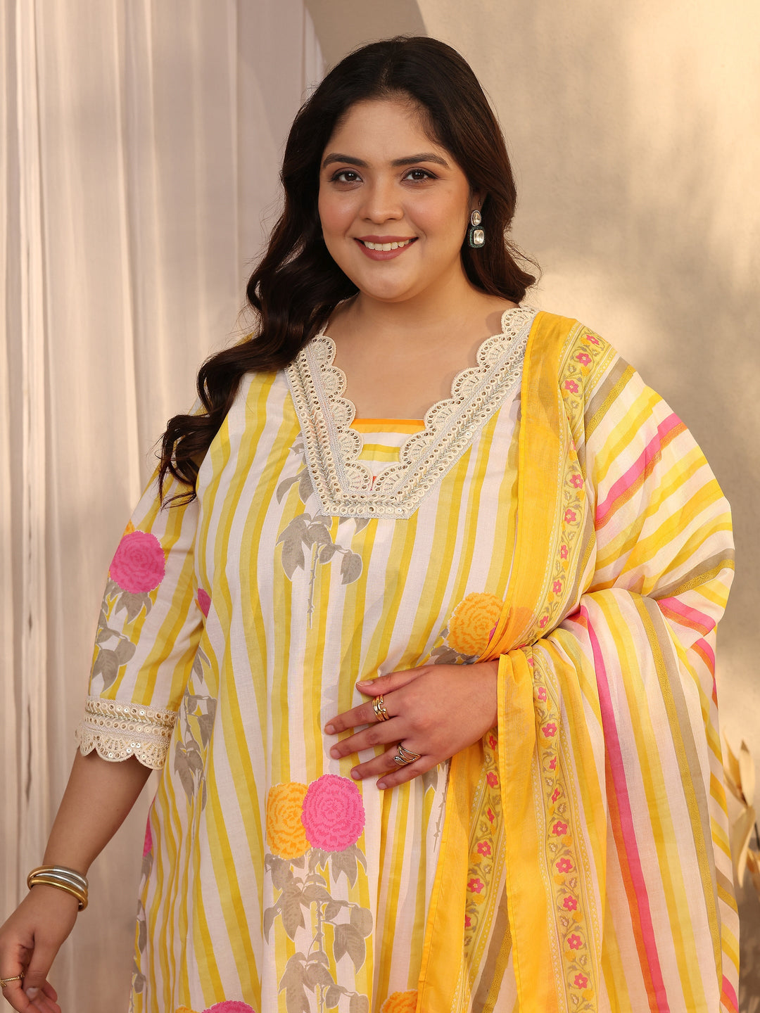 Plus Size Yellow Printed Cotton Straight Suit Set With Dupatta