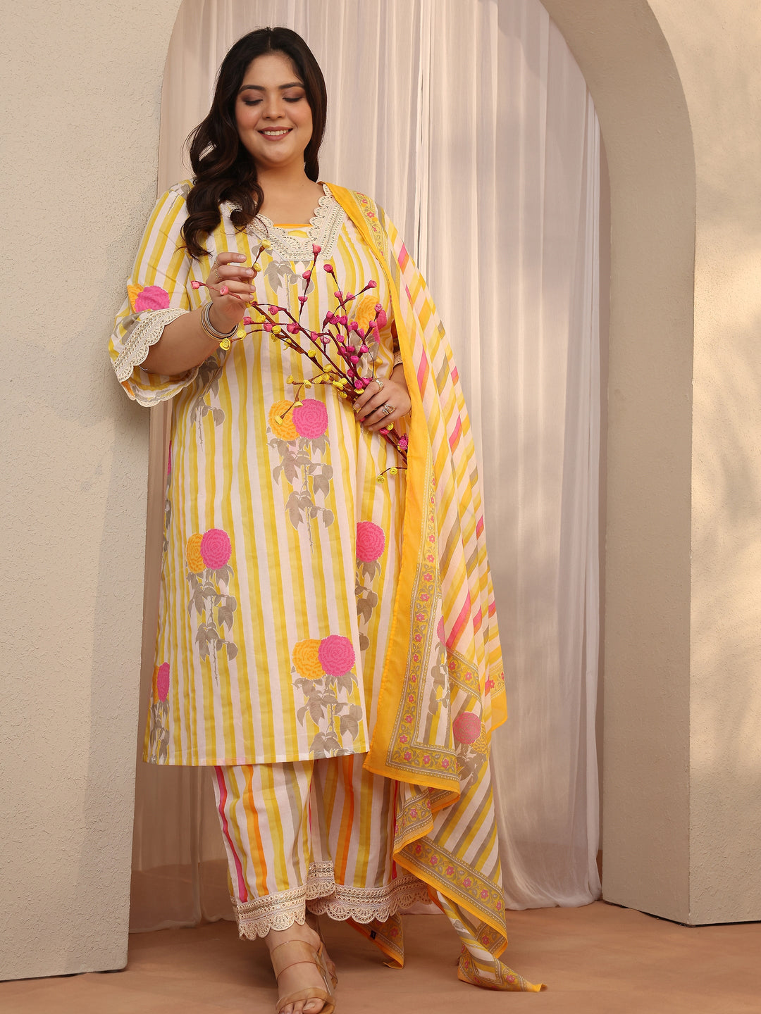 Plus Size Yellow Printed Cotton Straight Suit Set With Dupatta