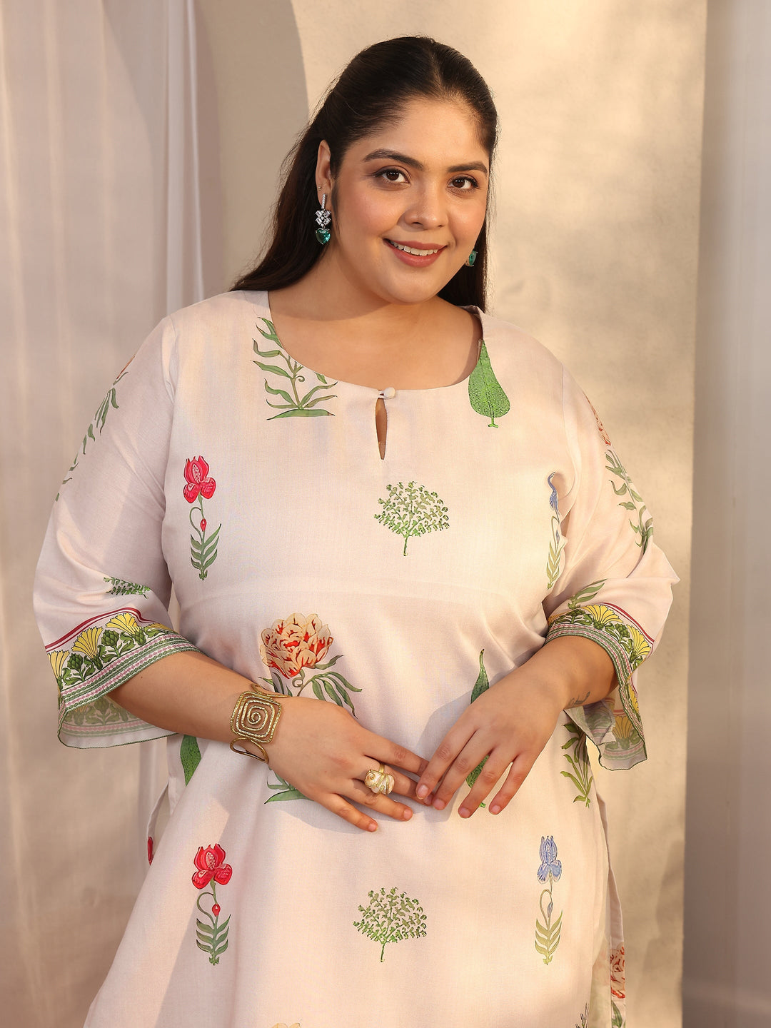 Plus Size White Printed Silk blend Straight Suit Set With Dupatta