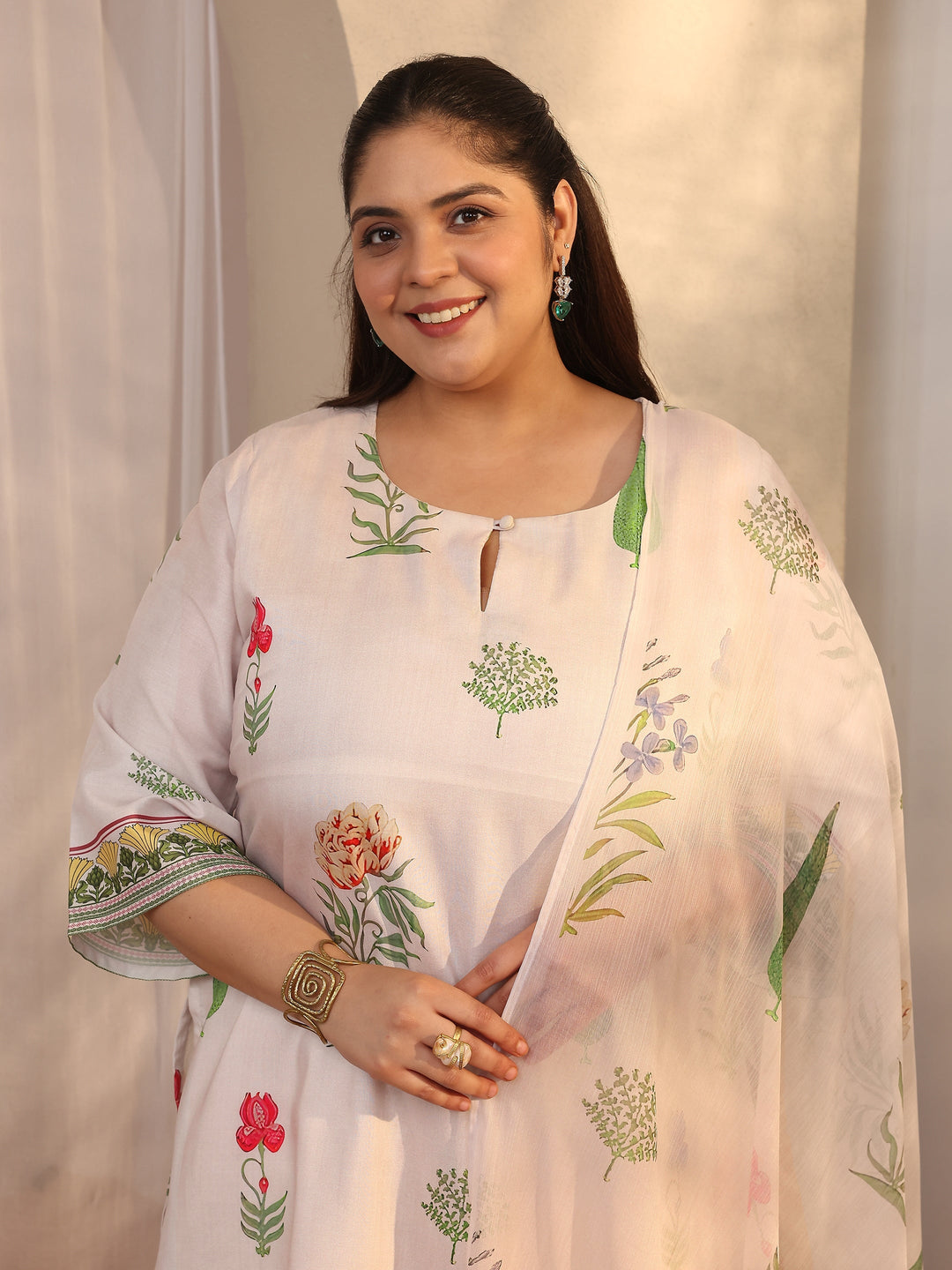 Plus Size White Printed Silk blend Straight Suit Set With Dupatta