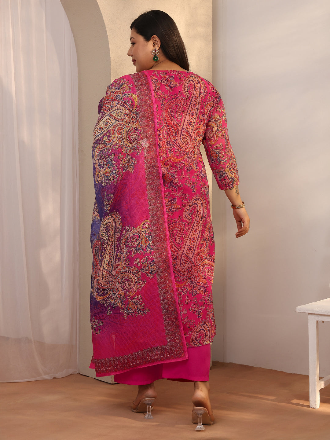 Plus Size Pink Paisley Printed Chiffon A-line Suit Set With Dupatta