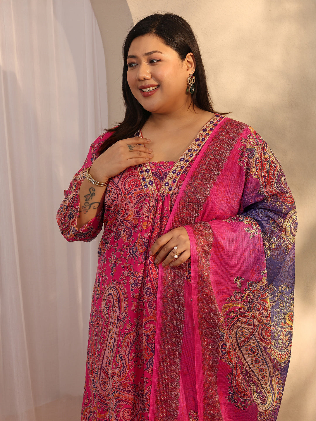 Plus Size Pink Paisley Printed Chiffon A-line Suit Set With Dupatta