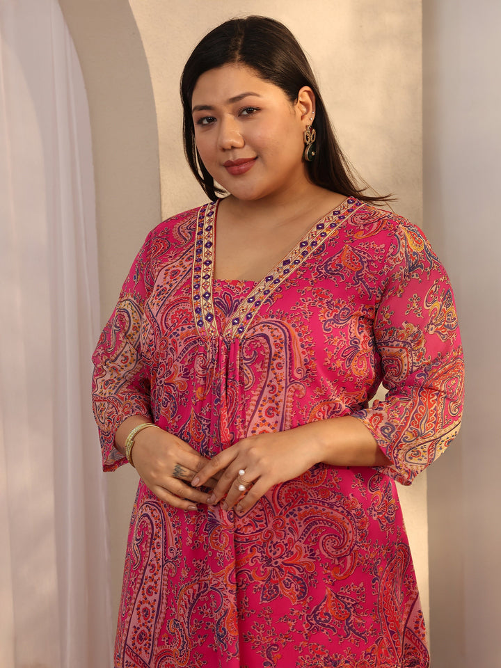 Plus Size Pink Paisley Printed Chiffon A-line Suit Set With Dupatta