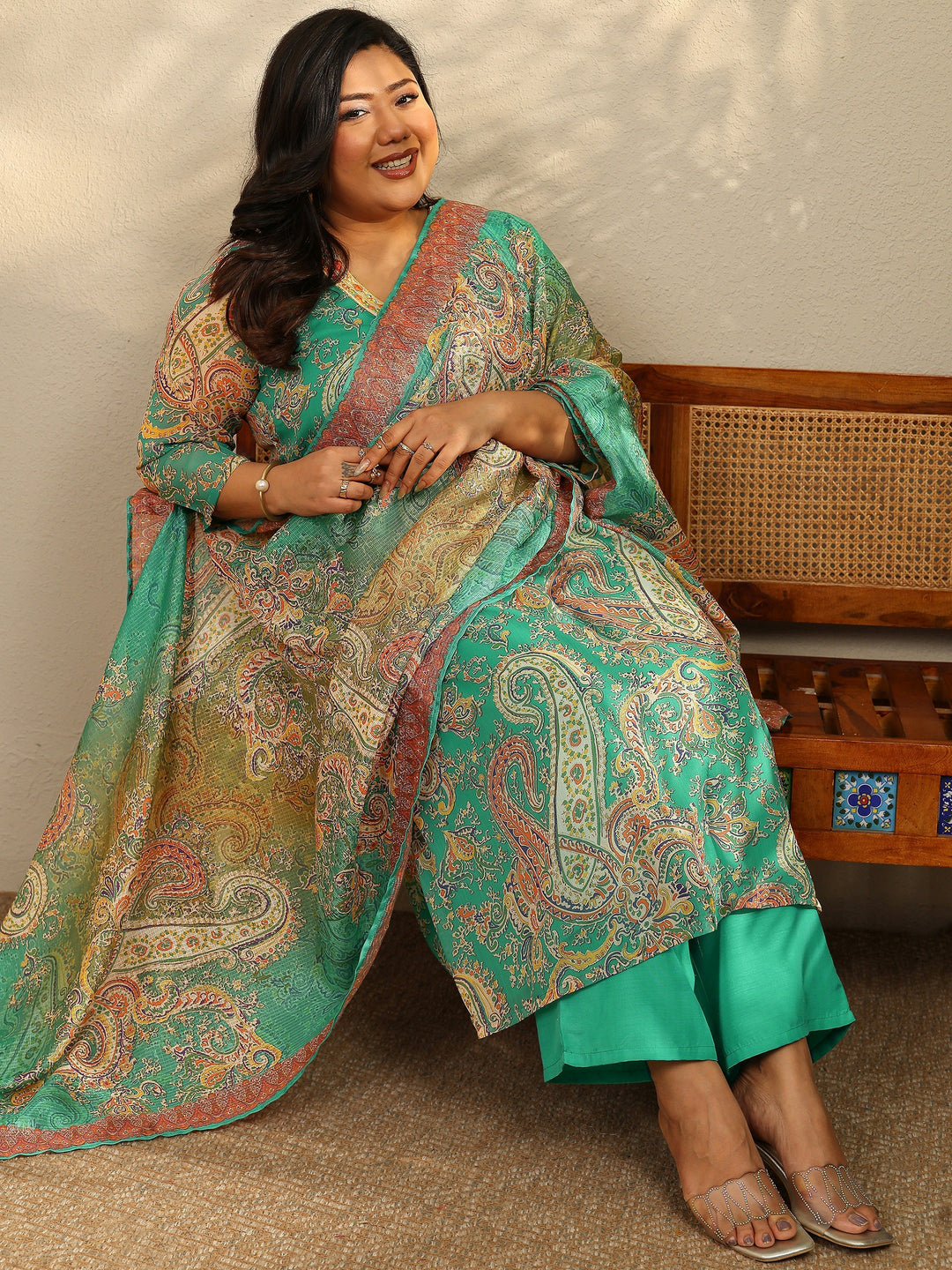 Plus Size Paisley Printed Chiffon A-Line Suit Set With Dupatta