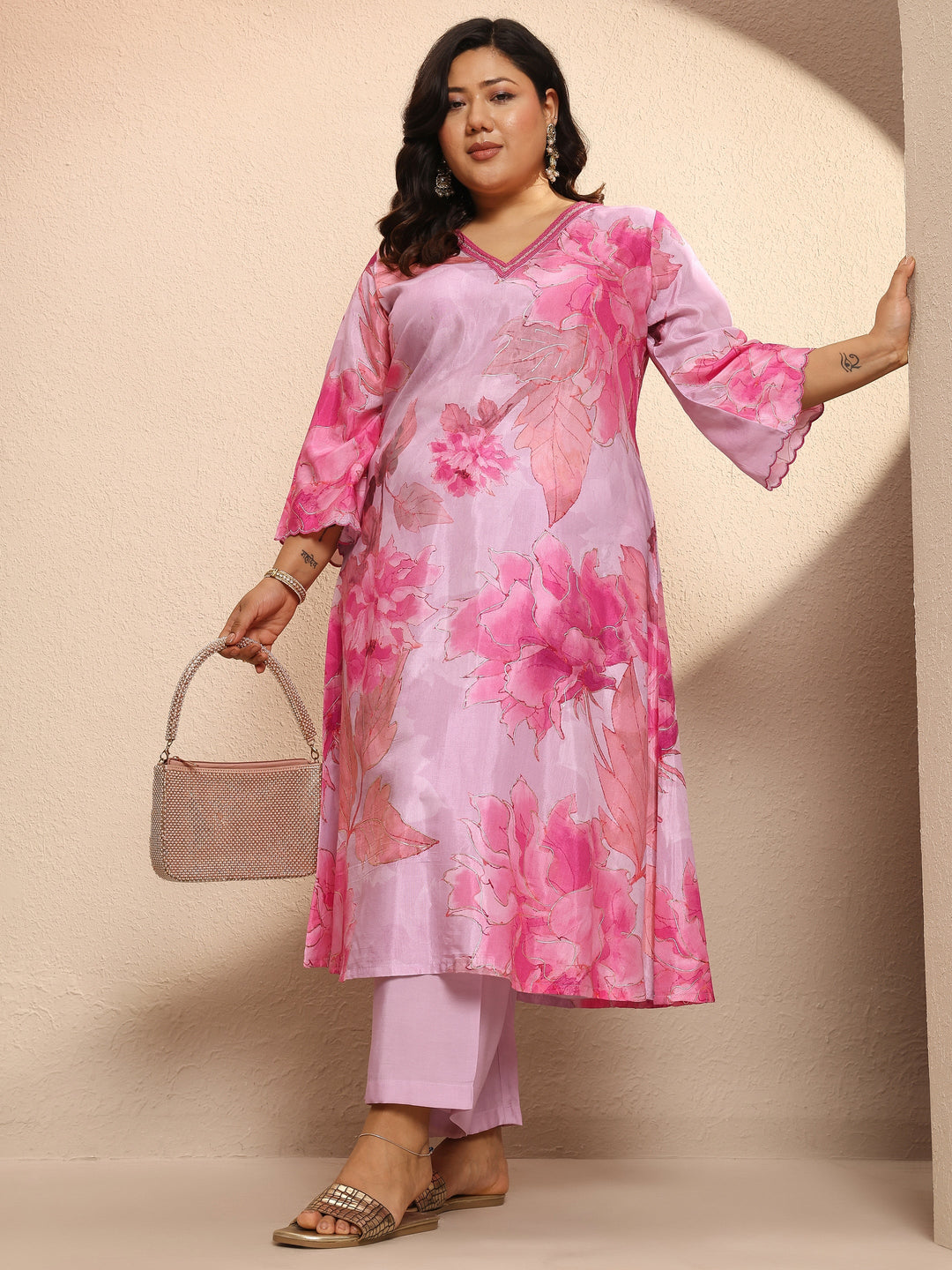 Plus Size Pink Printed Muslin A-Line Kurta Set