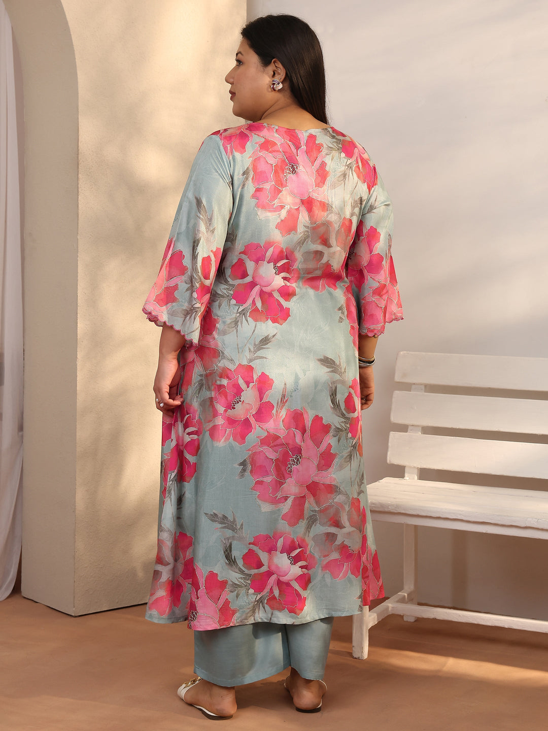Plus Size Grey Printed Muslin A-line Kurta Set