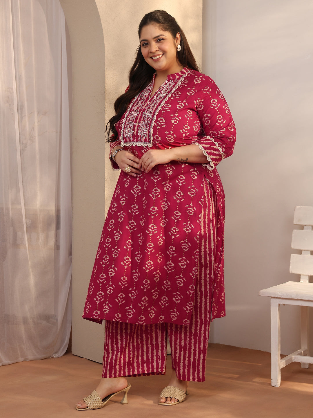 Plus Size Red Printed Cotton Straight Kurta Set