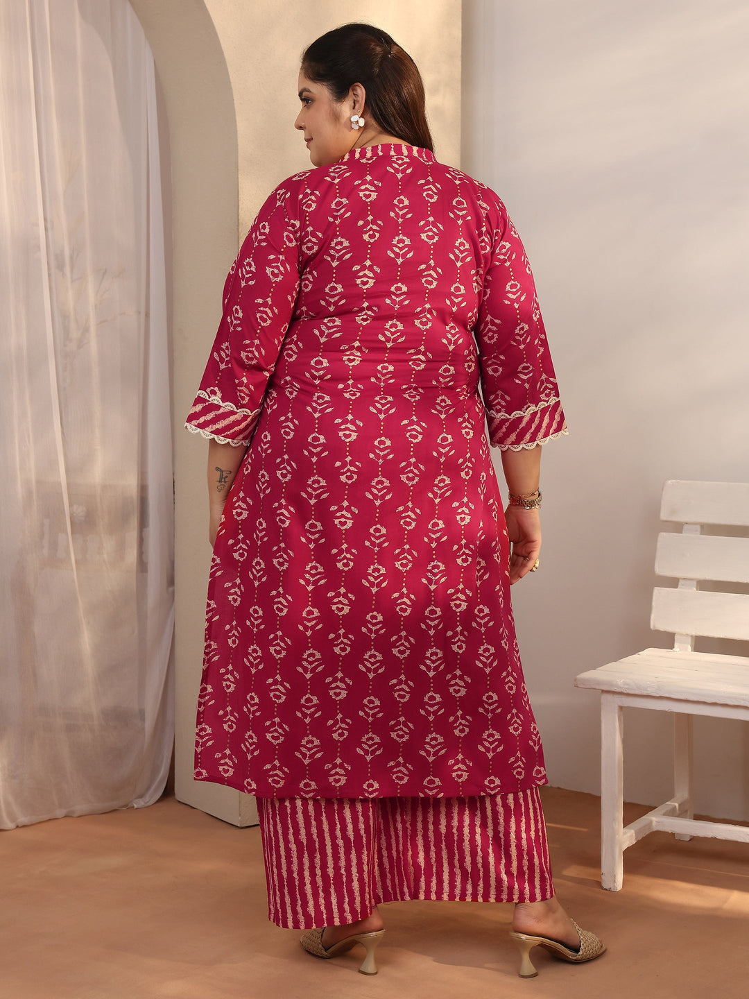 Plus Size Red Printed Cotton Straight Kurta Set