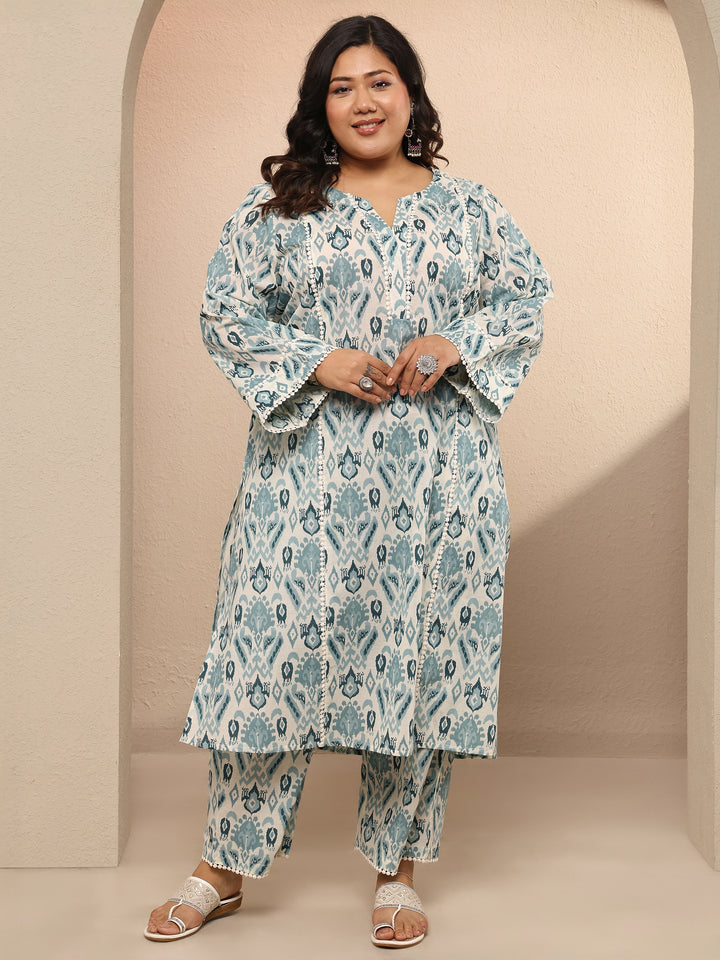 Plus Size Blue Printed Cotton Straight Kurta Set