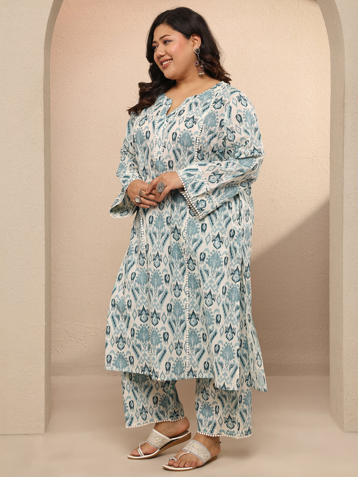 Plus Size Blue Printed Cotton Straight Kurta Set
