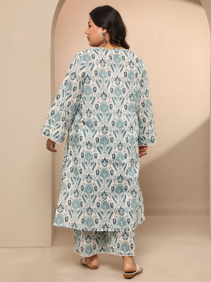 Plus Size Blue Printed Cotton Straight Kurta Set