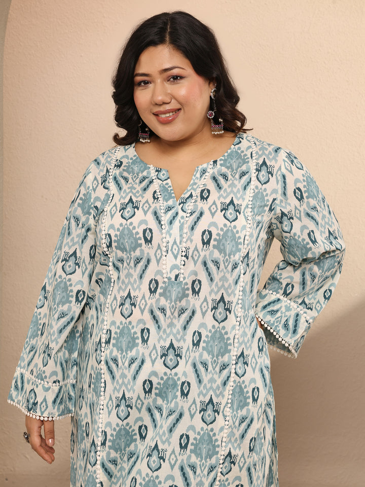 Plus Size Blue Printed Cotton Straight Kurta Set