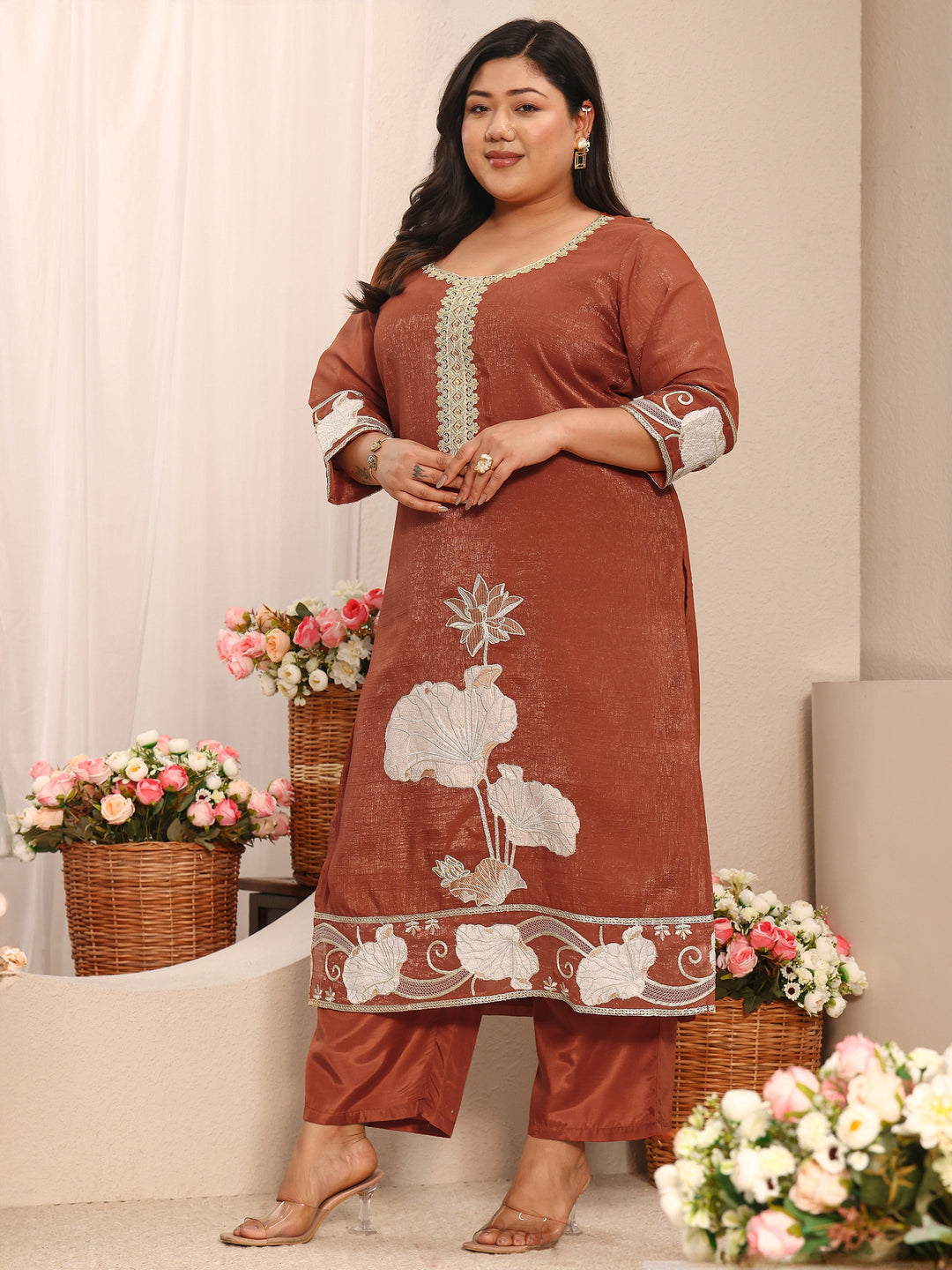 Plus Size Floral Embroidered Chinon Straight Suit Set With Dupatta