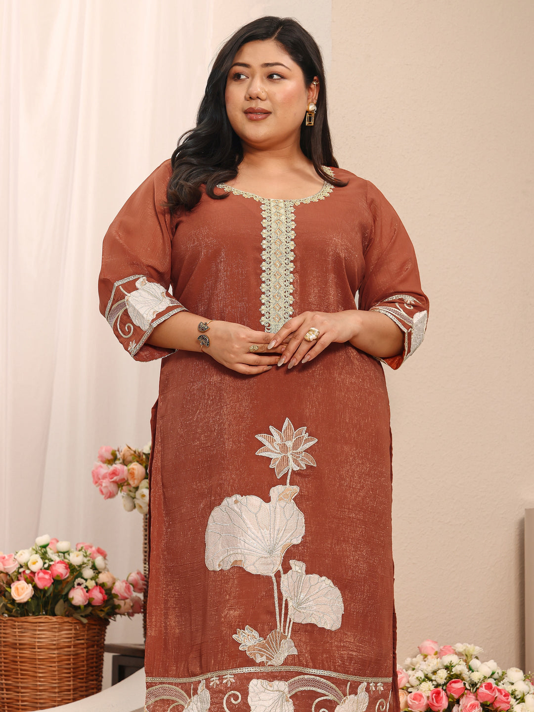 Plus Size Floral Embroidered Chinon Straight Suit Set With Dupatta