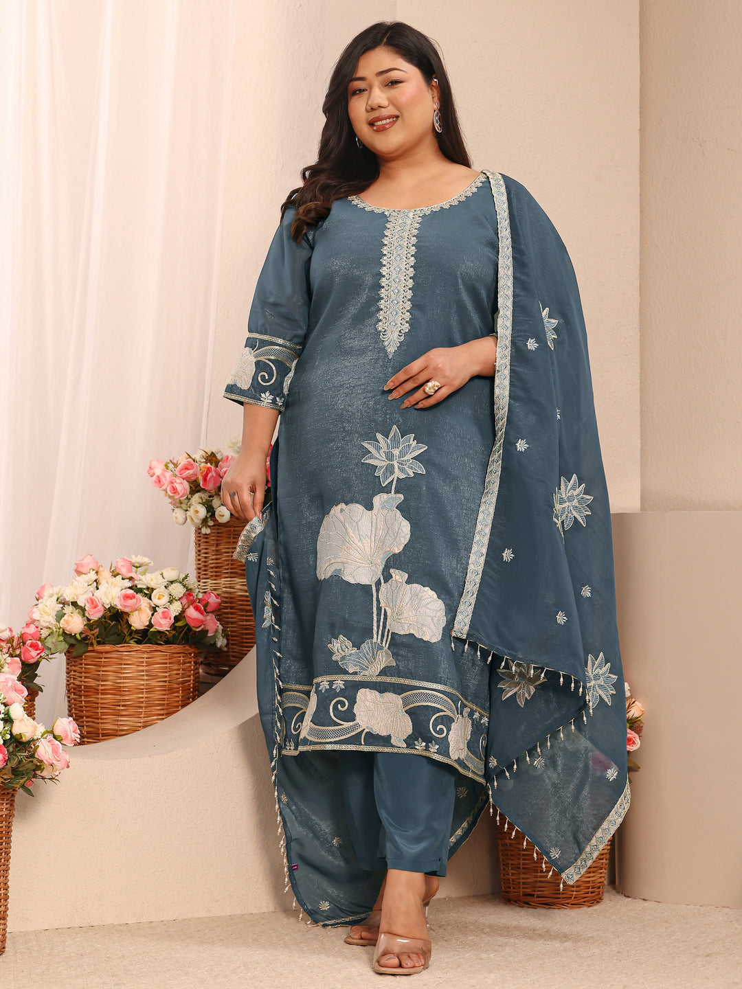 Plus Size Blue Embroidered Chinon Straight Suit Set With Dupatta