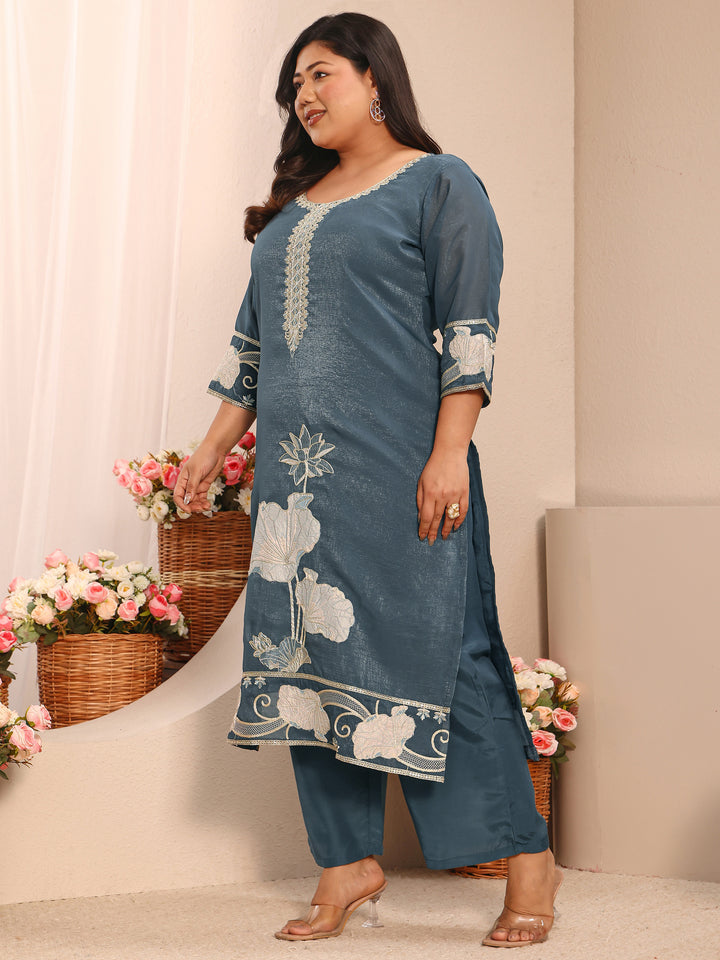 Plus Size Blue Embroidered Chinon Straight Suit Set With Dupatta
