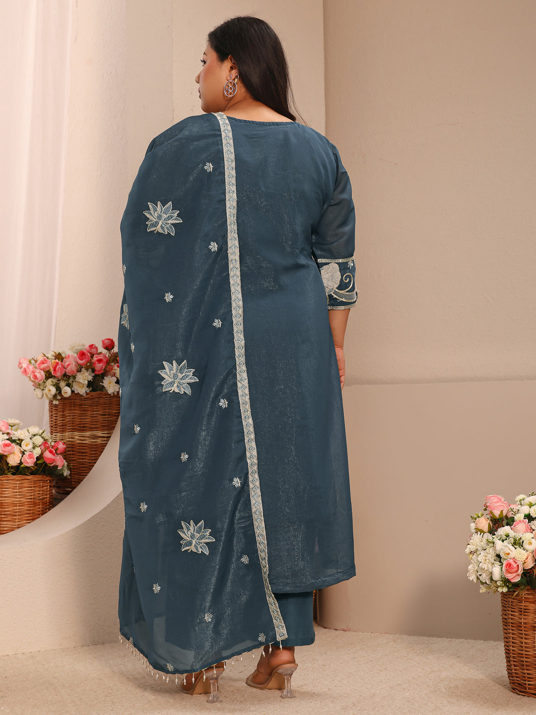 Plus Size Blue Embroidered Chinon Straight Suit Set With Dupatta
