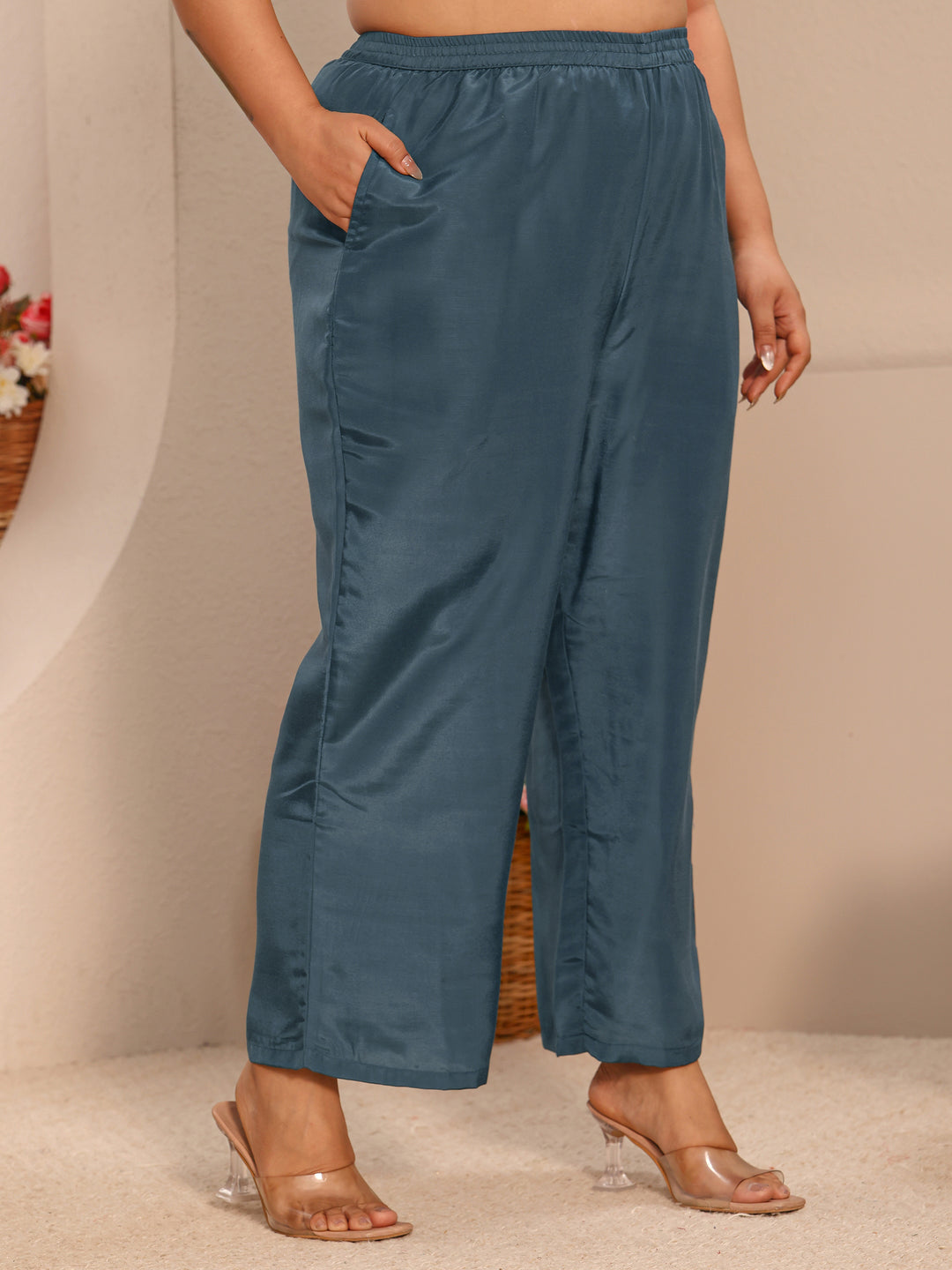 Plus Size Blue Embroidered Chinon Straight Suit Set With Dupatta