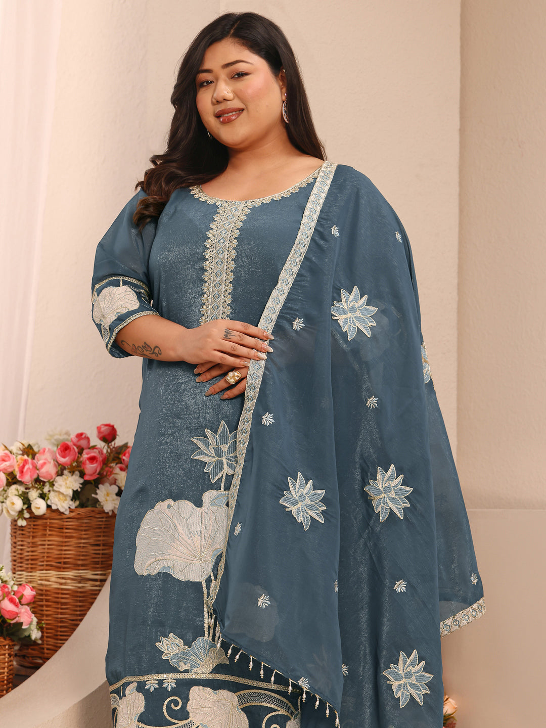Plus Size Blue Embroidered Chinon Straight Suit Set With Dupatta