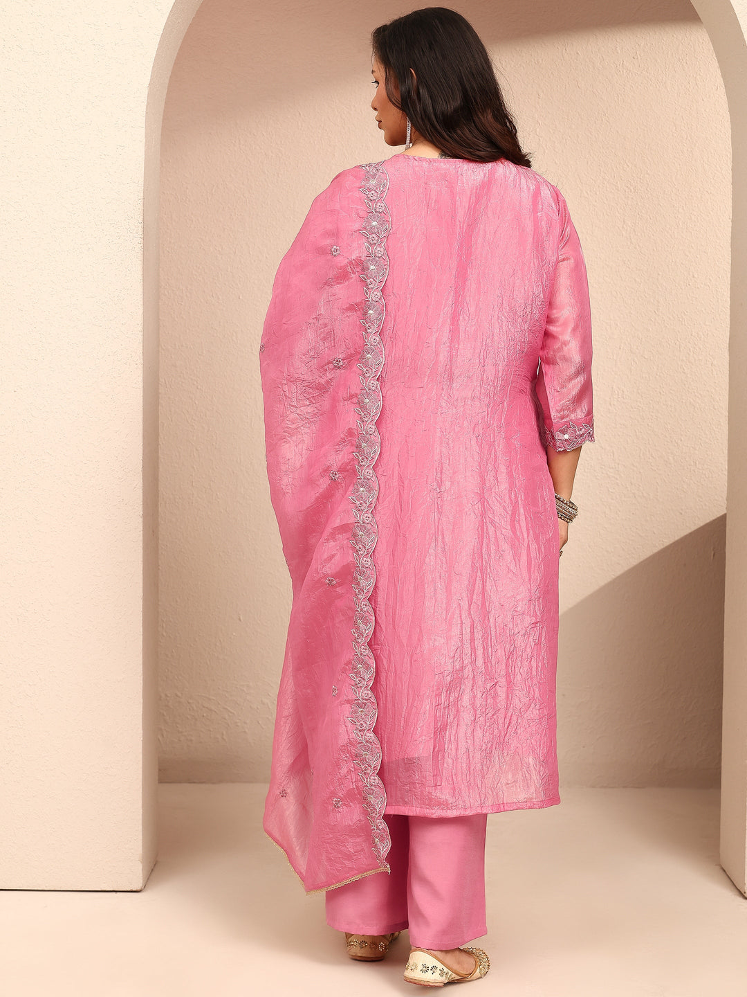 Plus Size Pink Embroidered Plus Size Clothing Organza Straight Suit Set With Dupatta