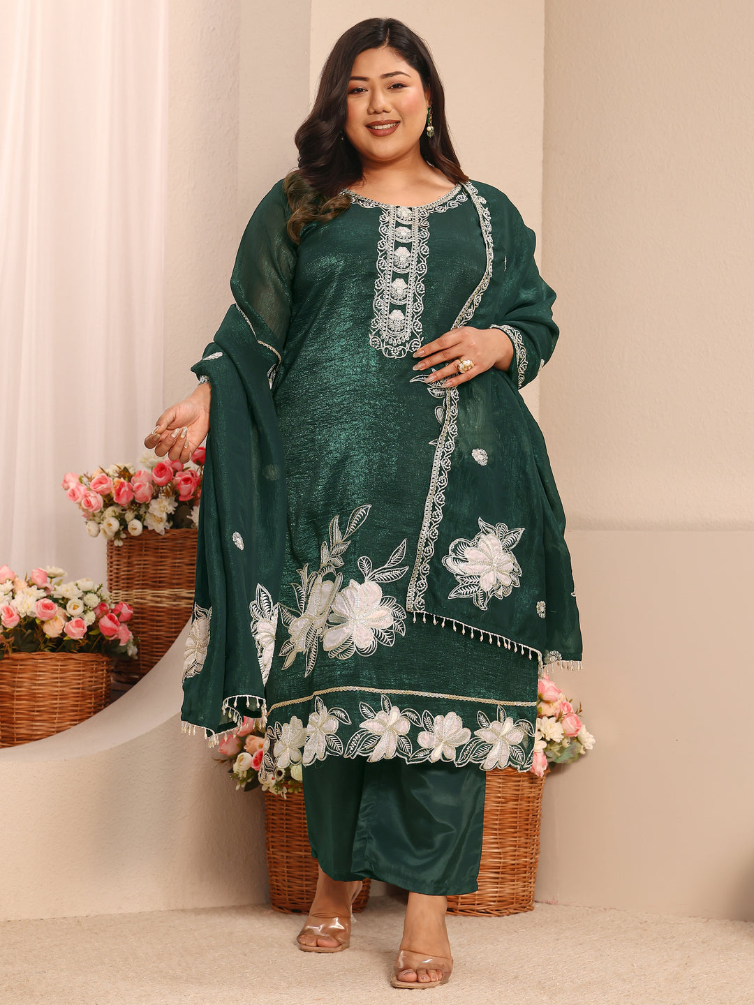 Plus Size Green Embroidered Chinon Straight Suit Set With Dupatta