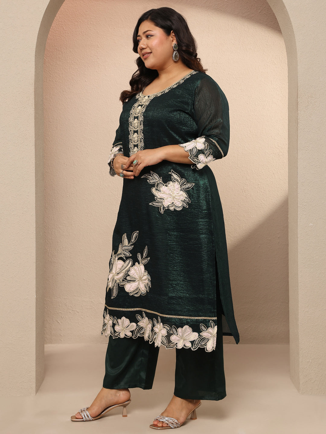 Plus Size Green Embroidered Chinon Straight Suit Set With Dupatta