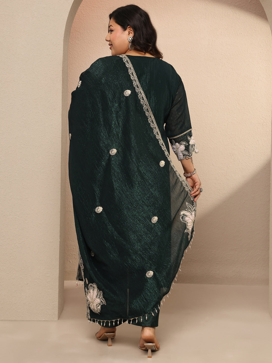 Plus Size Green Embroidered Chinon Straight Suit Set With Dupatta