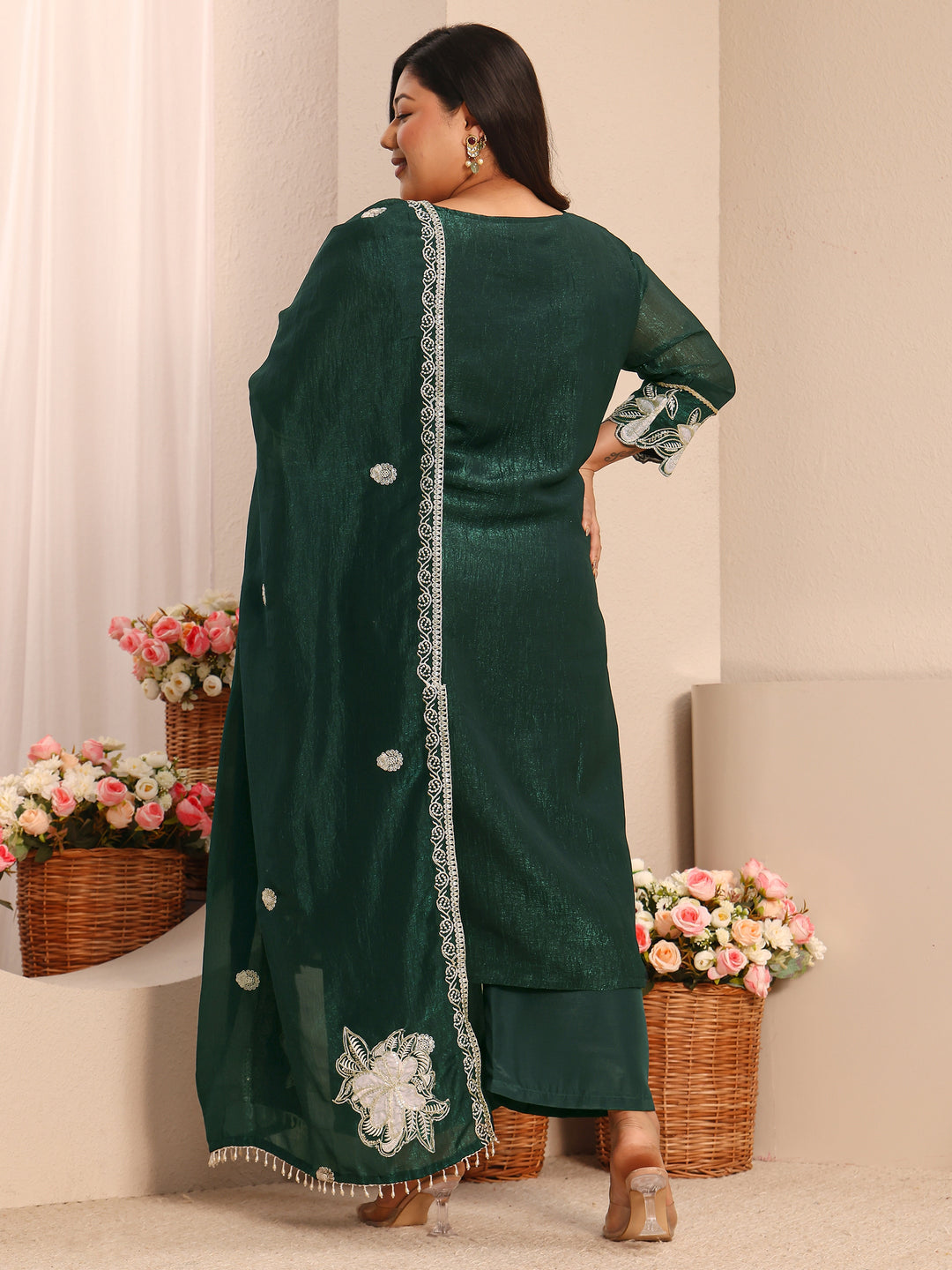 Plus Size Green Embroidered Chinon Straight Suit Set With Dupatta