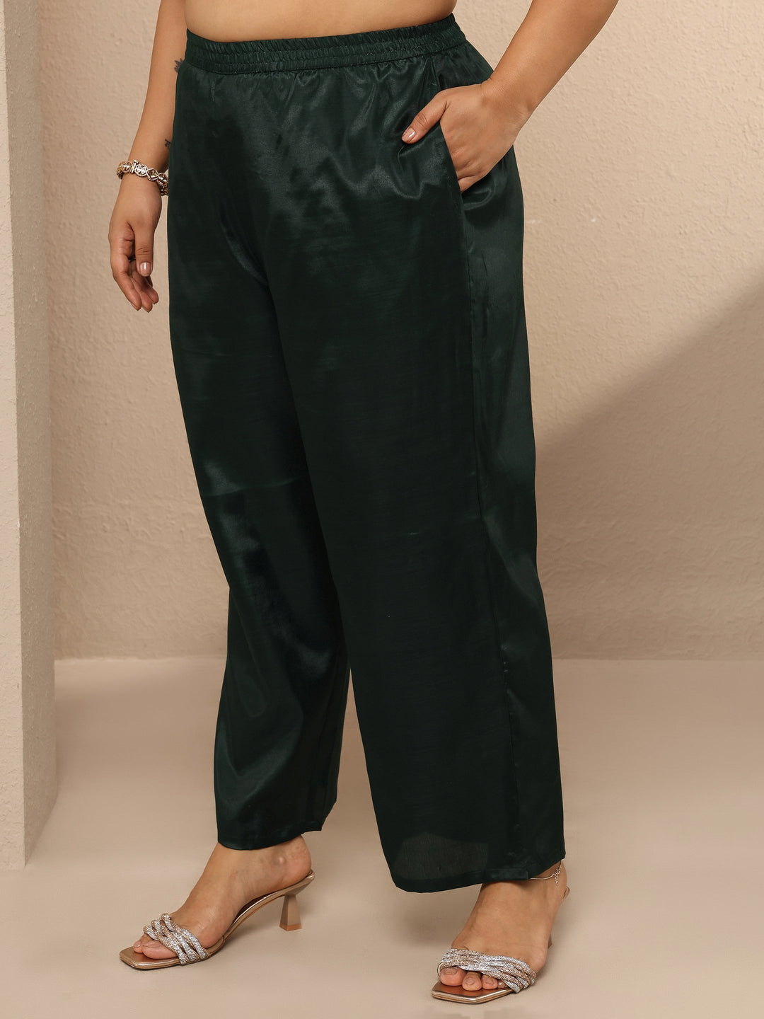 Plus Size Green Embroidered Chinon Straight Suit Set With Dupatta