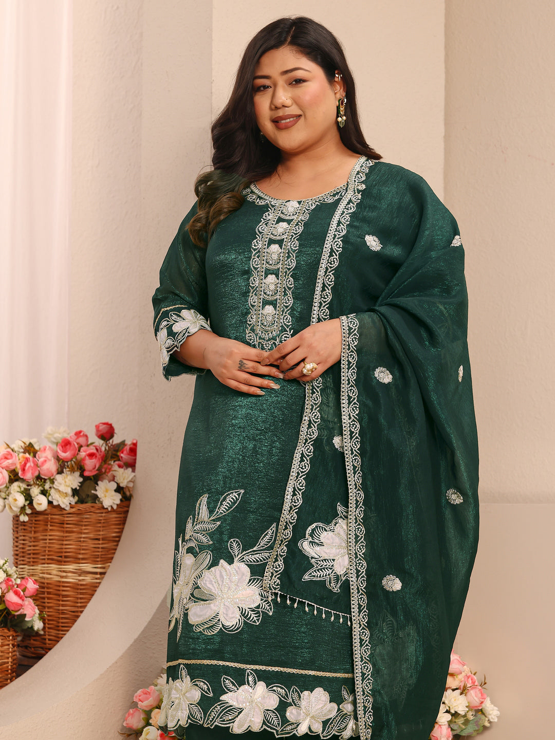 Plus Size Green Embroidered Chinon Straight Suit Set With Dupatta