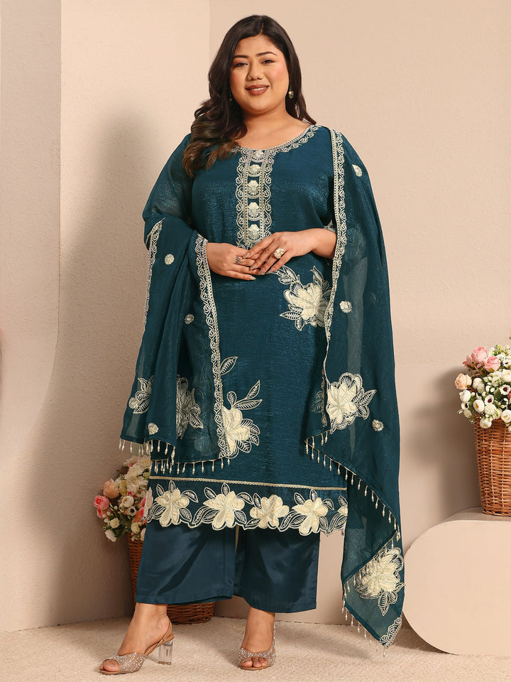 Plus Size Floral Embroidered Chinon Straight Suit Set With Dupatta