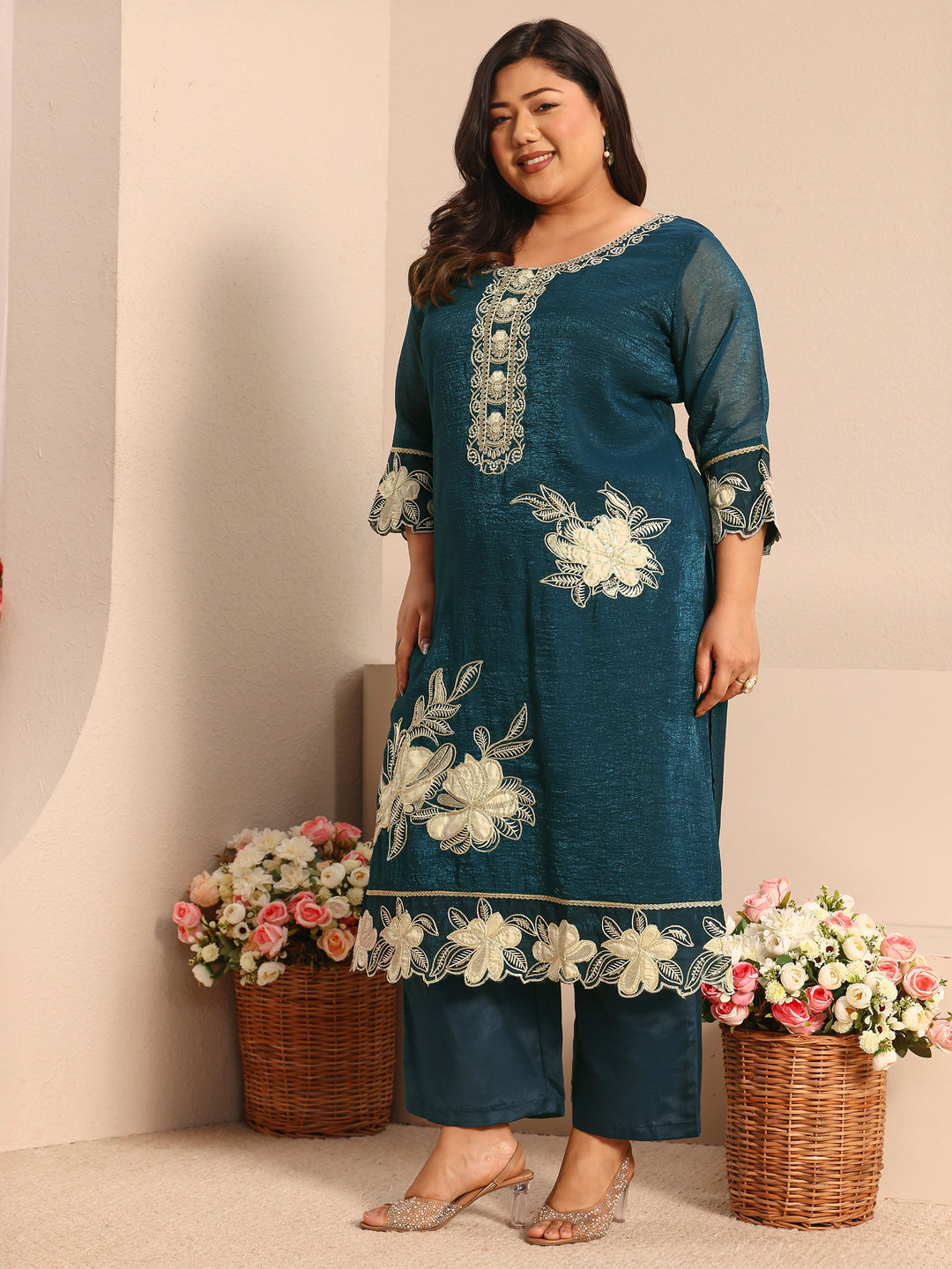 Plus Size Floral Embroidered Chinon Straight Suit Set With Dupatta