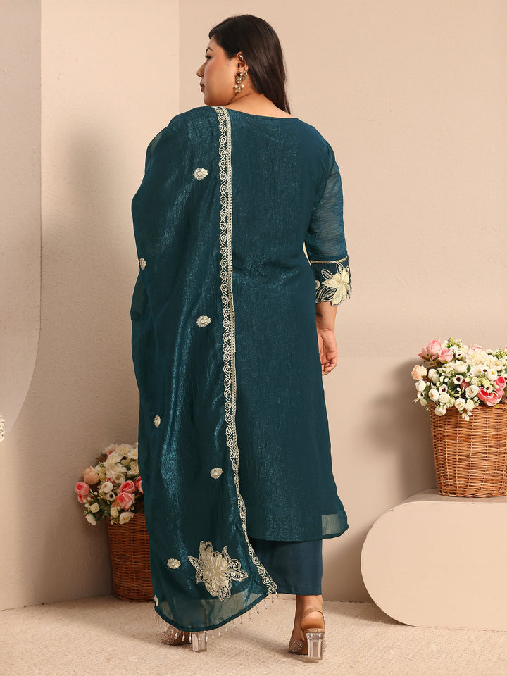 Plus Size Floral Embroidered Chinon Straight Suit Set With Dupatta
