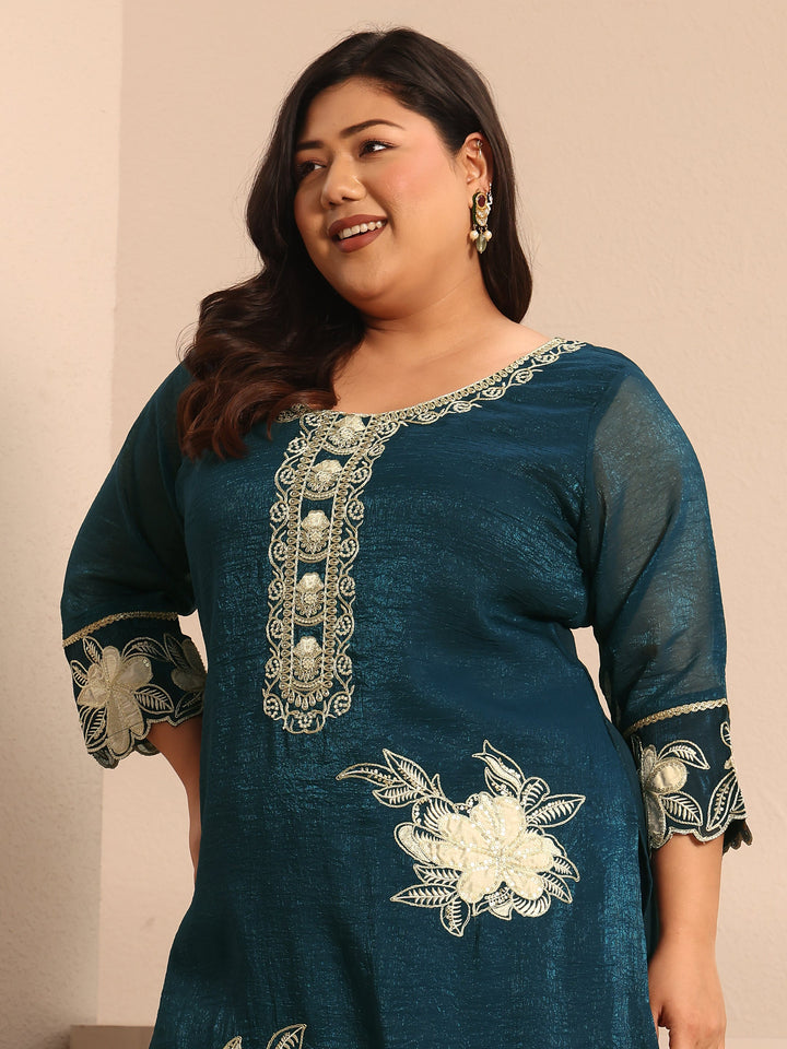 Plus Size Floral Embroidered Chinon Straight Suit Set With Dupatta