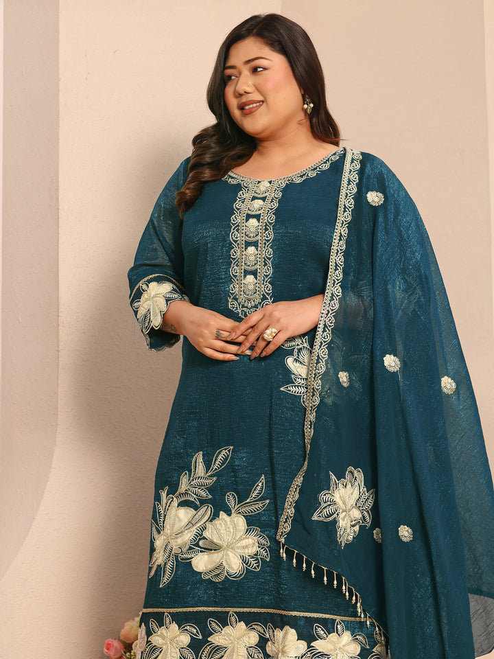 Plus Size Floral Embroidered Chinon Straight Suit Set With Dupatta