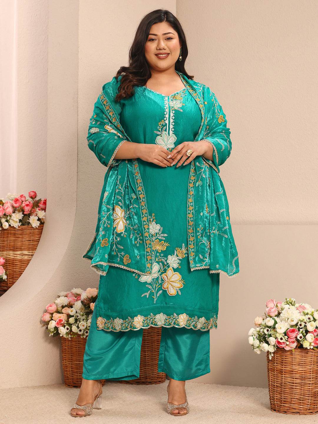 Plus Size Floral Embroidered Organza Straight Suit Set With Dupatta