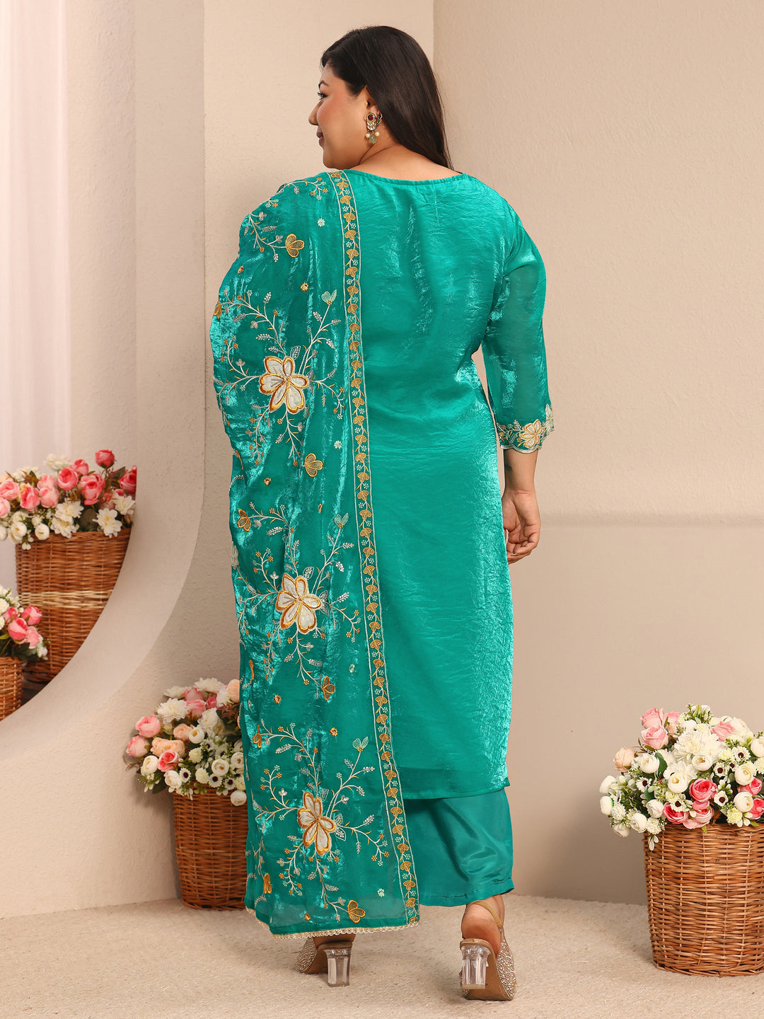 Plus Size Floral Embroidered Organza Straight Suit Set With Dupatta