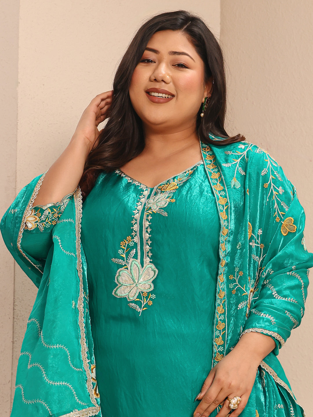 Plus Size Floral Embroidered Organza Straight Suit Set With Dupatta