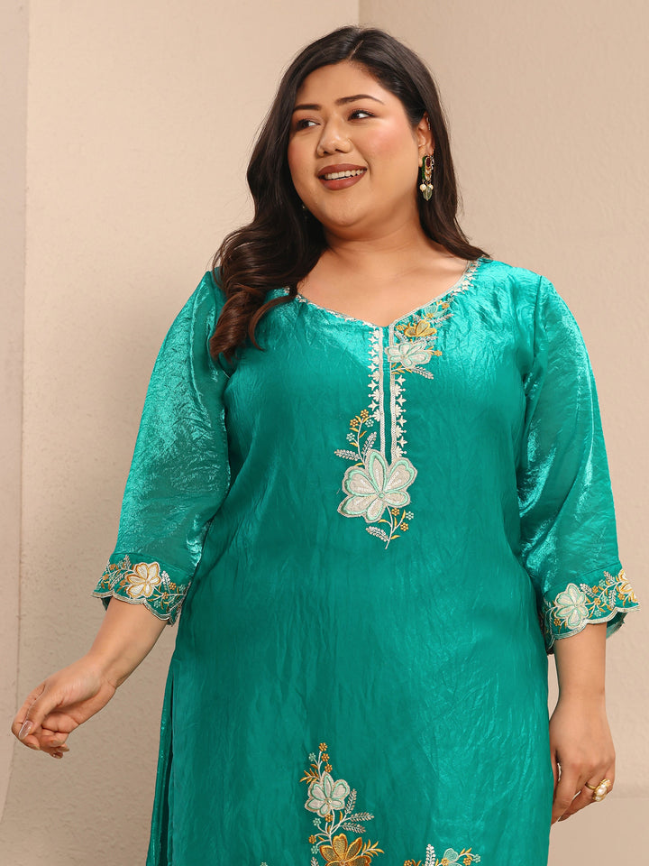 Plus Size Floral Embroidered Organza Straight Suit Set With Dupatta