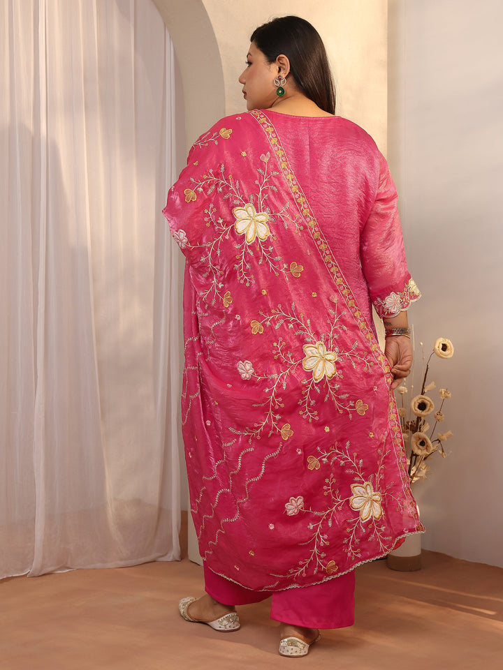 Plus Size Pink Embroidered Organza Straight Suit Set With Dupatta