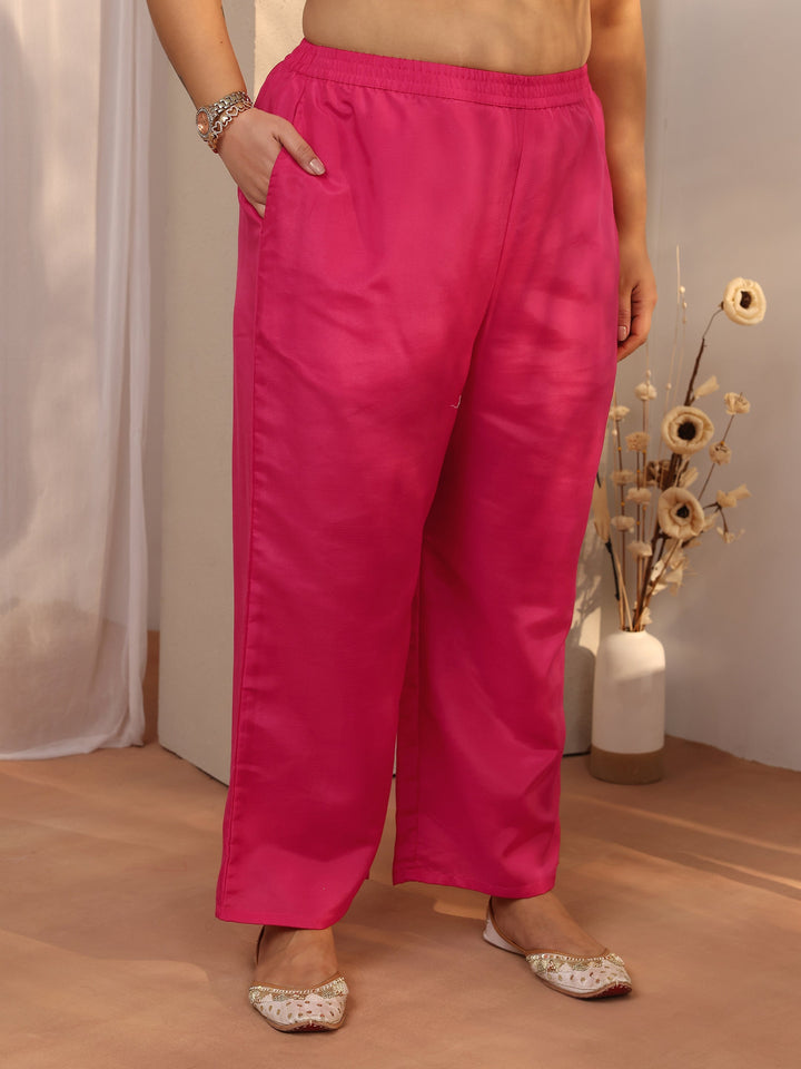 Plus Size Pink Embroidered Organza Straight Suit Set With Dupatta