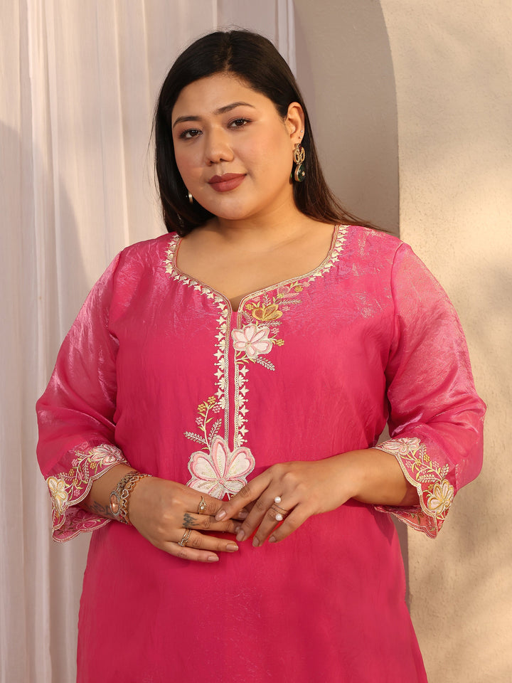 Plus Size Pink Embroidered Organza Straight Suit Set With Dupatta
